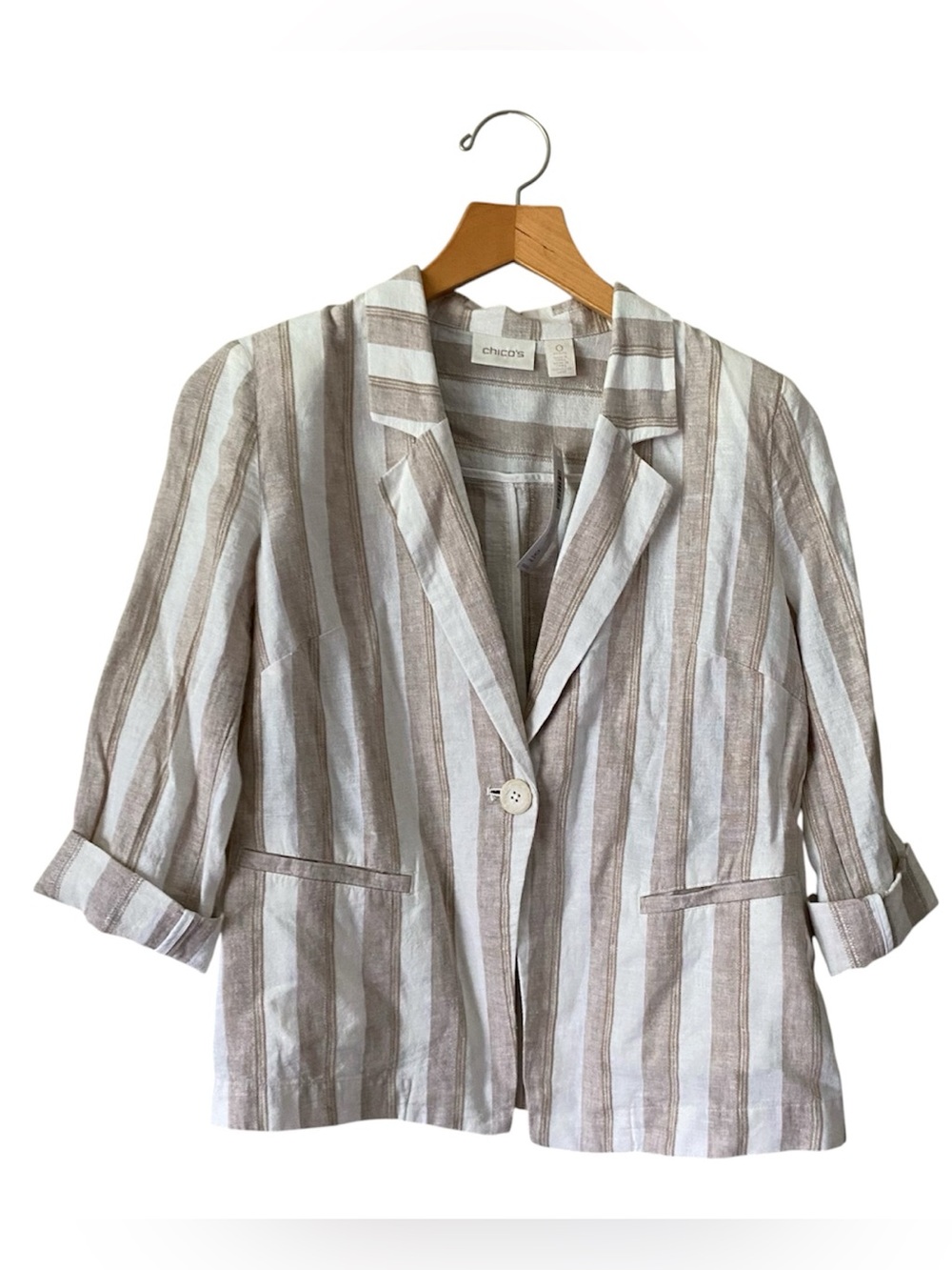 Chicos Linen Blazer Cream Striped Womens 3/4 Sleeve Size 0P Petite MSRP $109 NWT